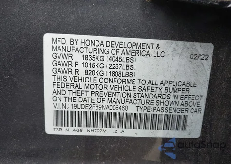 2022 Acura Ilx Premium A-Spec Packages/Technology A-Spec Packages from USA, damaged, VIN 19UDE2F89NA006460